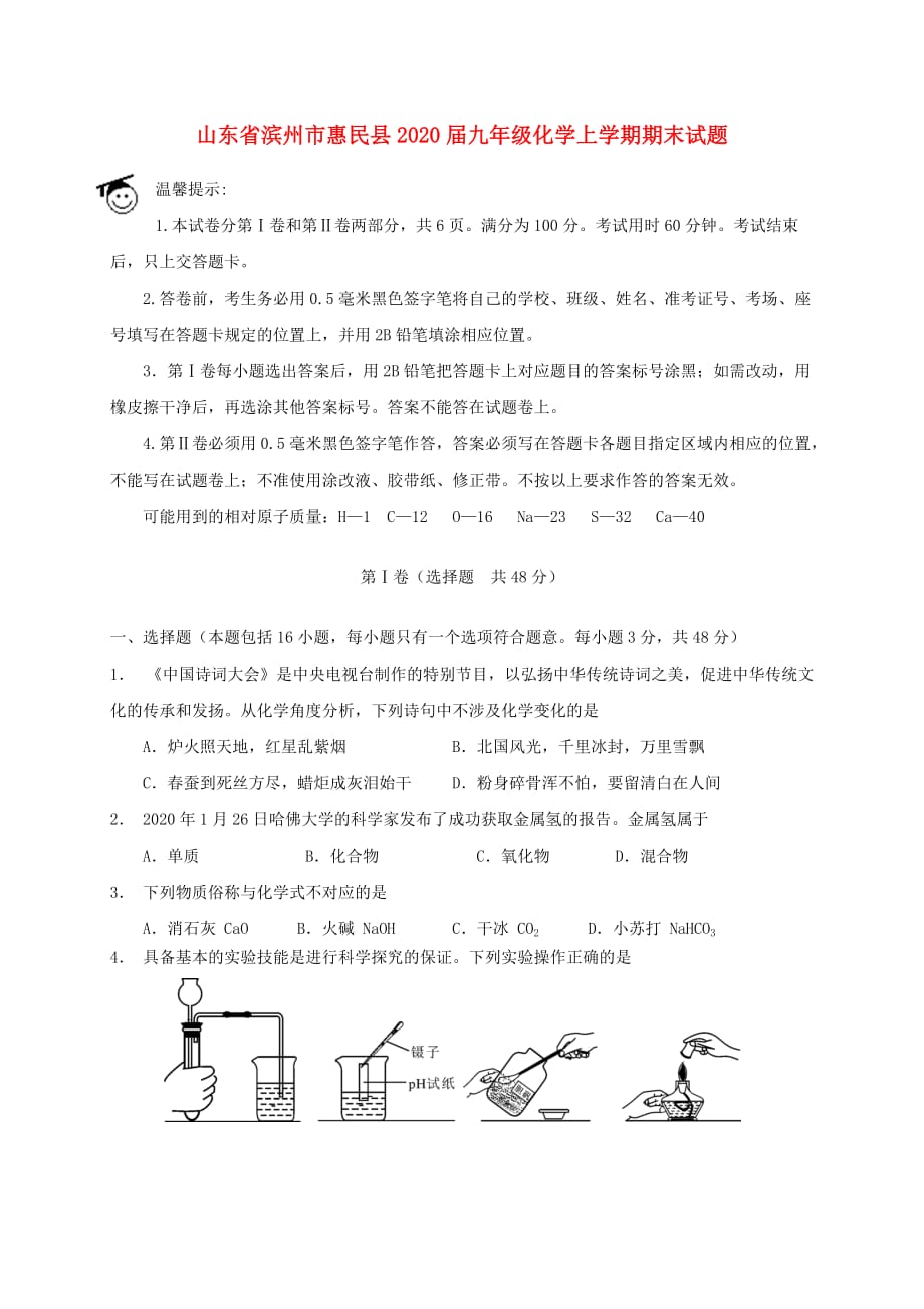 山东省滨州市惠民县2020届九年级化学上学期期末试题 新人教版_第1页