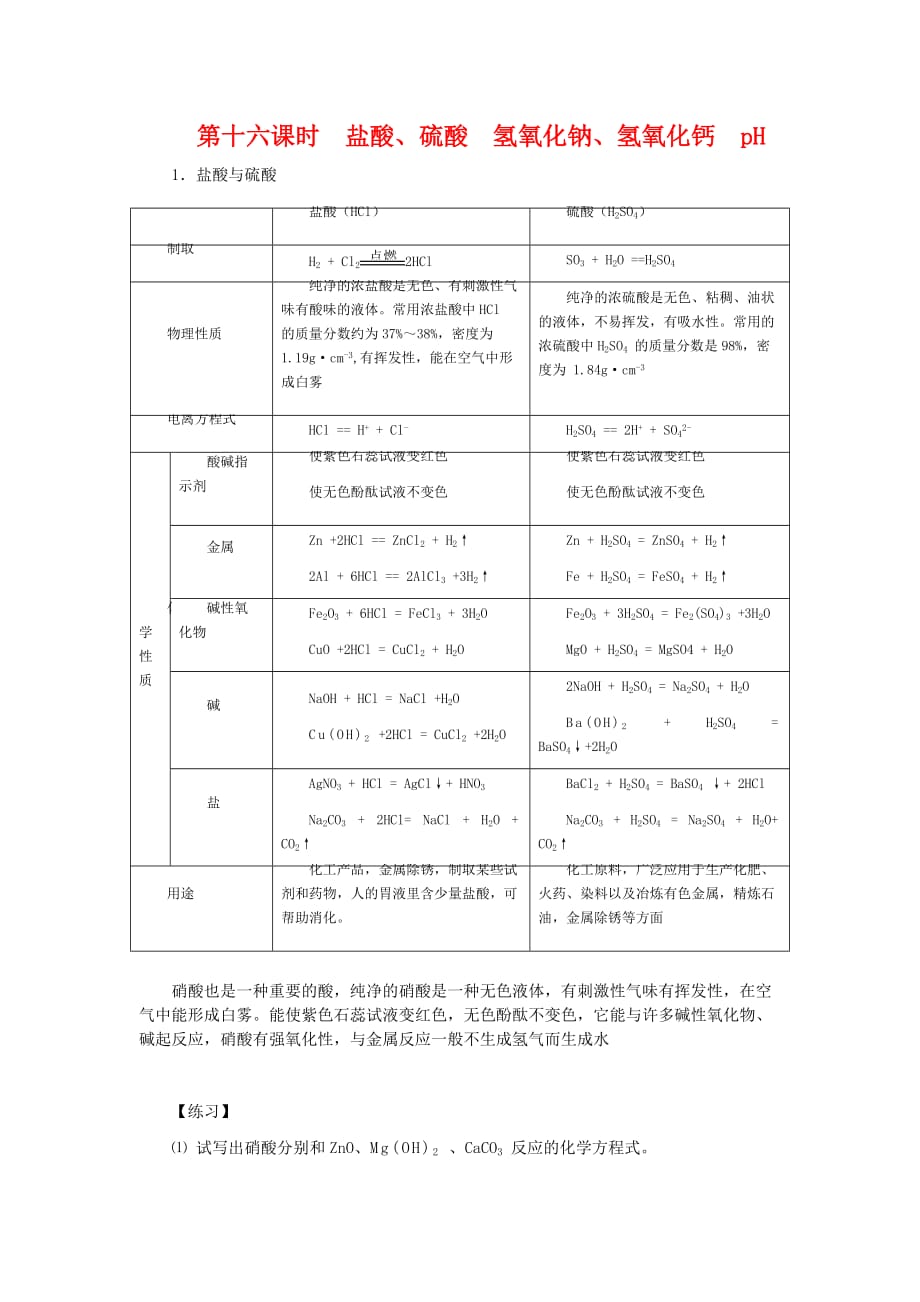 九年级化学复习学案《第十六课时 盐酸、硫酸 氢氧化钠、氢氧化钙 pH 》.人教版_第1页