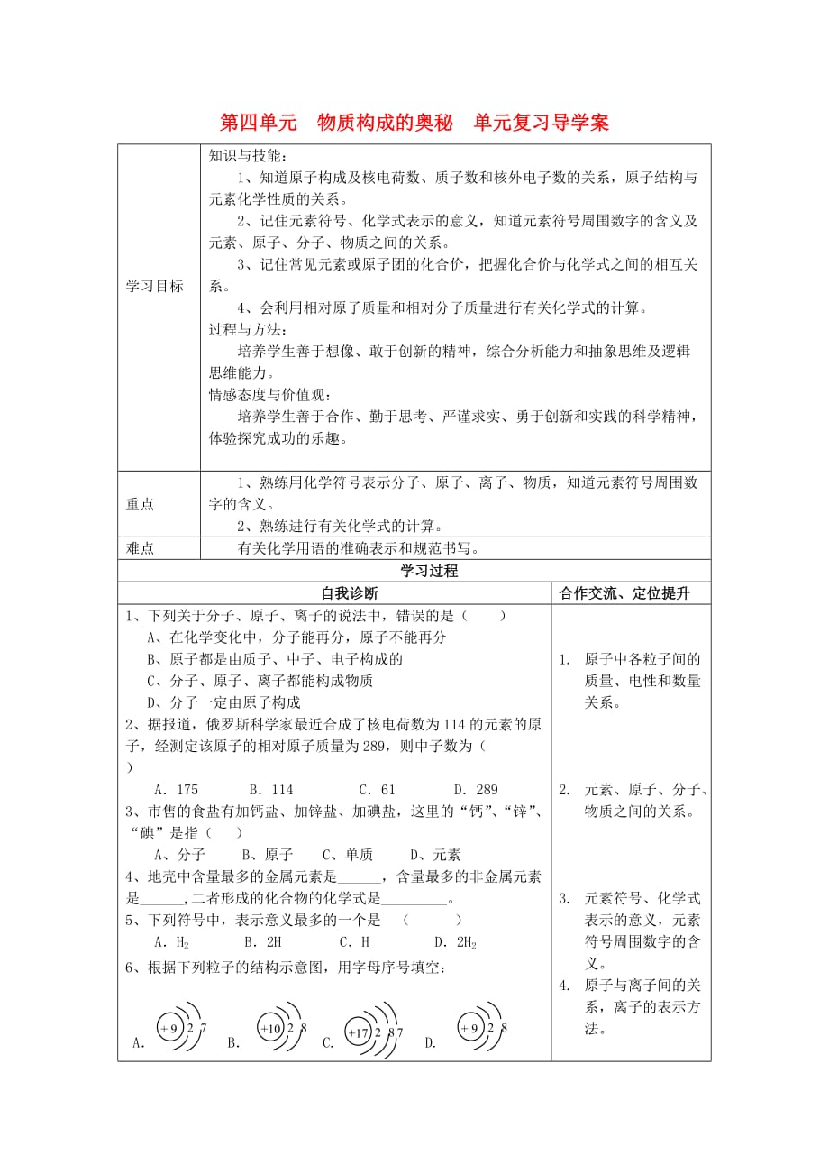 九年级化学 第四单元《物质构成的奥秘》复习教案 人教新课标版_第1页