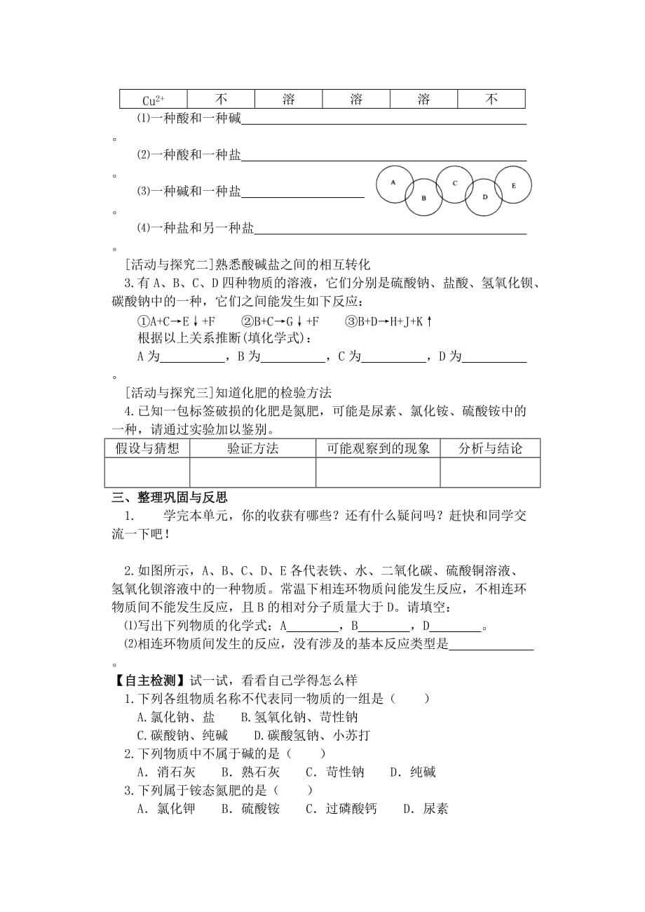 九年级化学 第十一单元盐、化肥复习学案（1）（无答案）人教新课标版_第3页