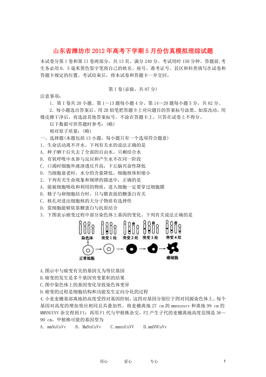 山东省潍坊市2012届高三理综5月仿真模拟考试试题.doc_第1页