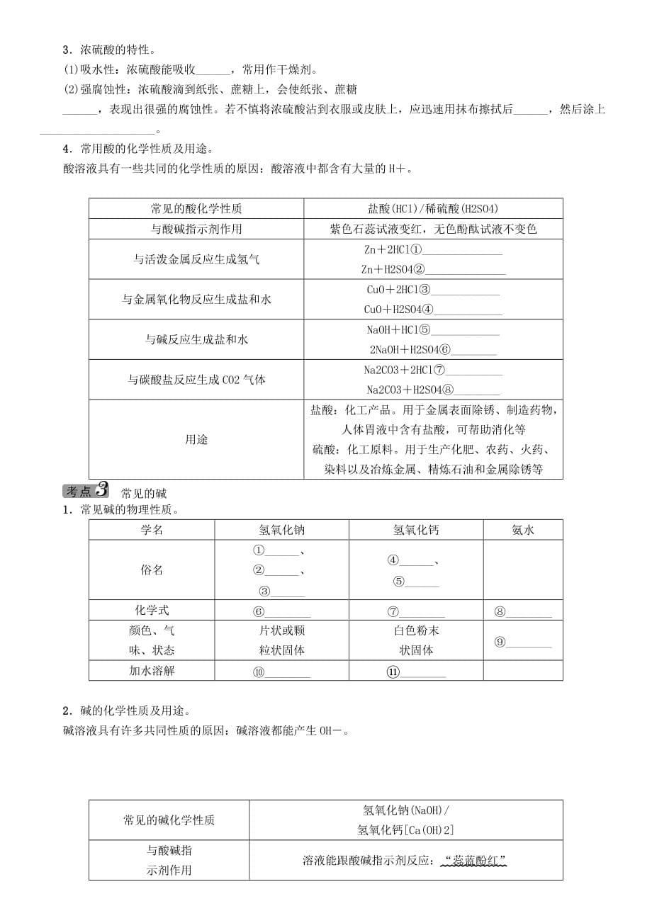 中考命题研究（遵义）2020中考化学 教材知识梳理 第7章 应用广泛的酸、碱、盐 课时1 溶液的酸碱性 常见的酸和碱（无答案）_第5页