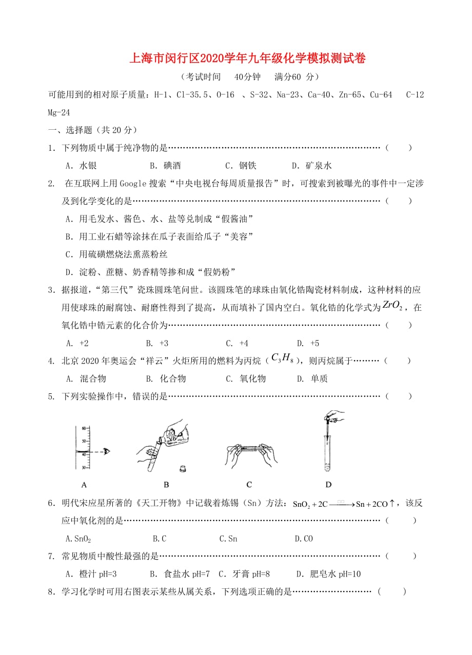 上海市闵行区2020学年九年级化学模拟测试卷_第1页