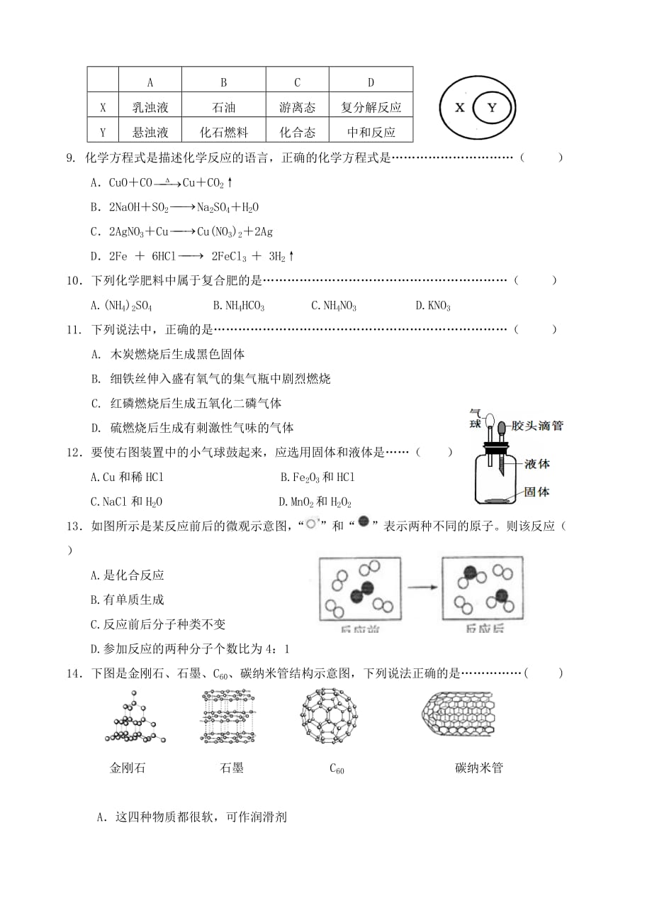 上海市闵行区2020学年九年级化学模拟测试卷_第2页