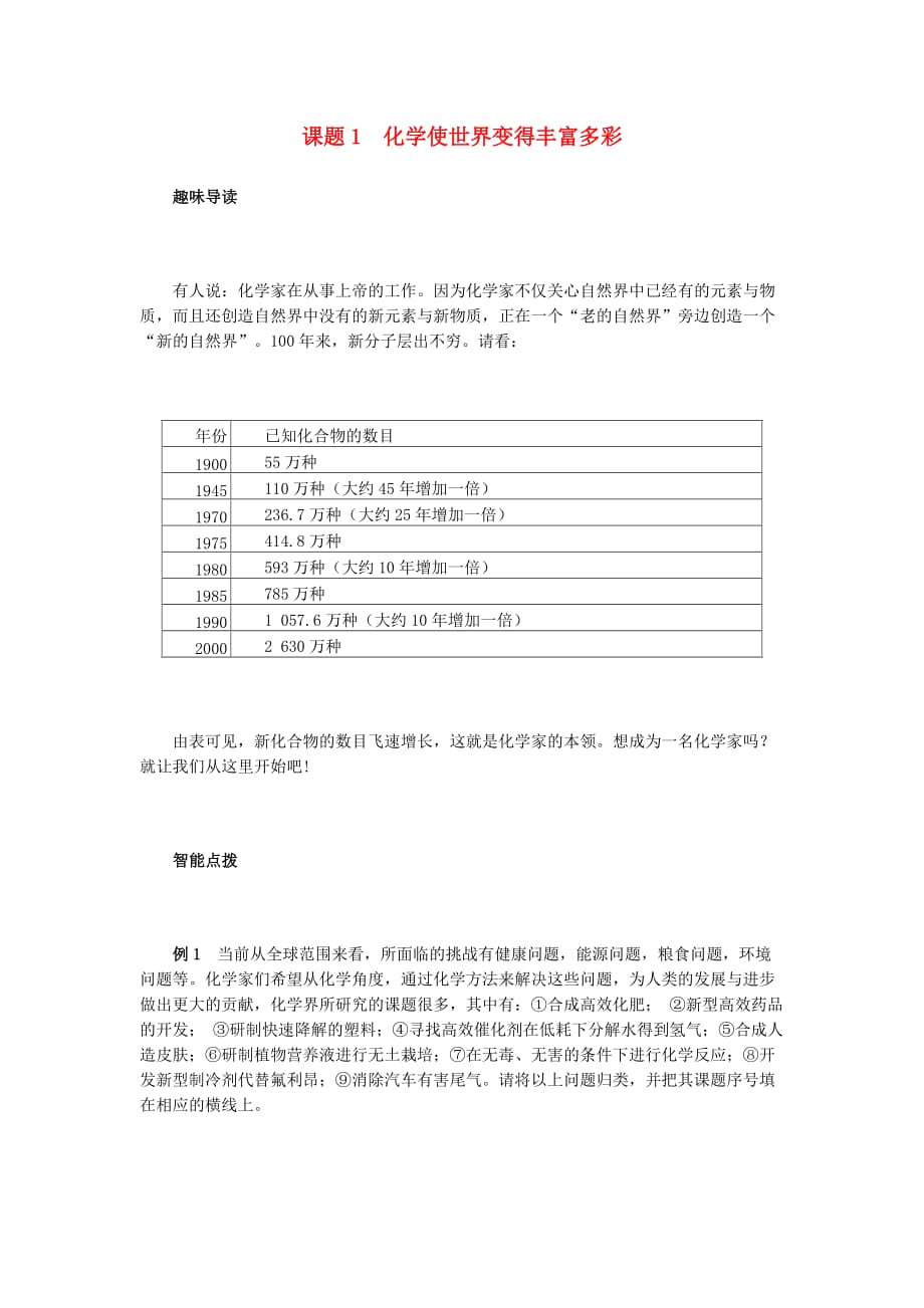 九年级化学上册 课题1 化学使世界变得丰富多彩同步练习（无答案） 新人教版_第1页