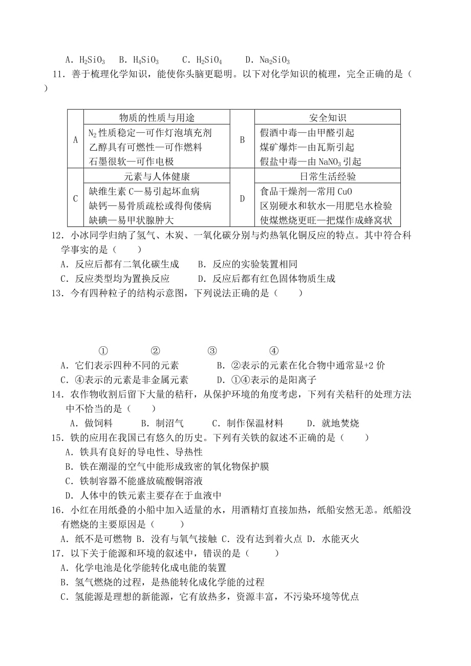 大杜庄中学2020年初三化学模拟考试试卷 人教版_第2页