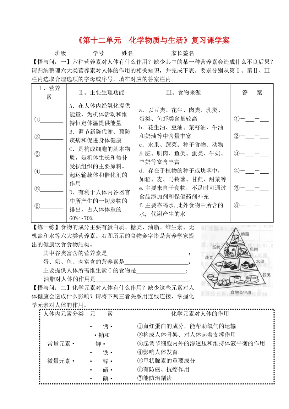 九年级化学 第十二单元《化学物质与健康》复习学案 （无答案）人教新课标版_第1页