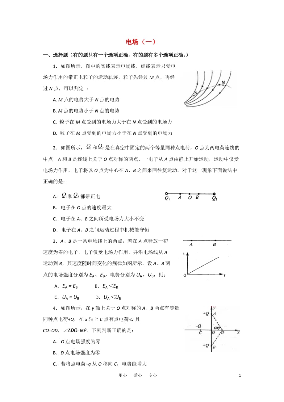 高考物理二轮专题复习 电场（一）练习 新人教版.doc_第1页