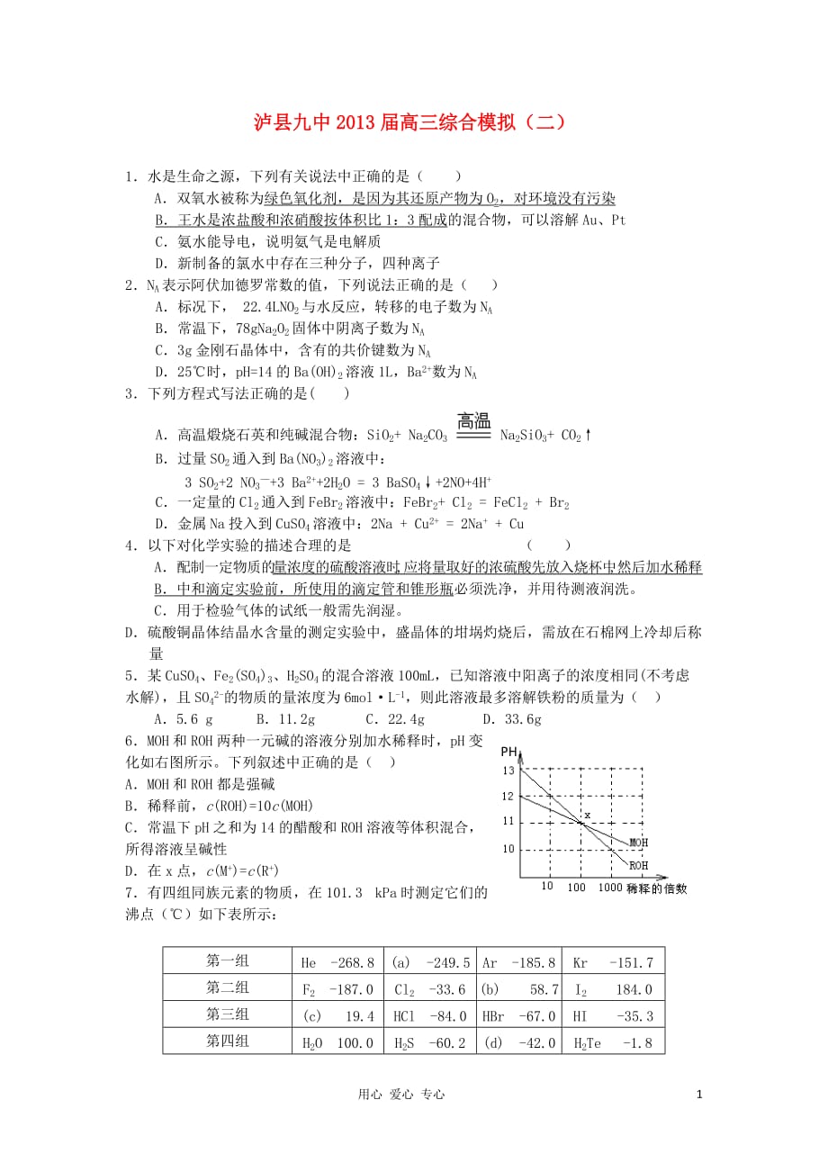 四川省泸县九中2013届高三化学综合模拟试题（2）【会员独享】.doc_第1页