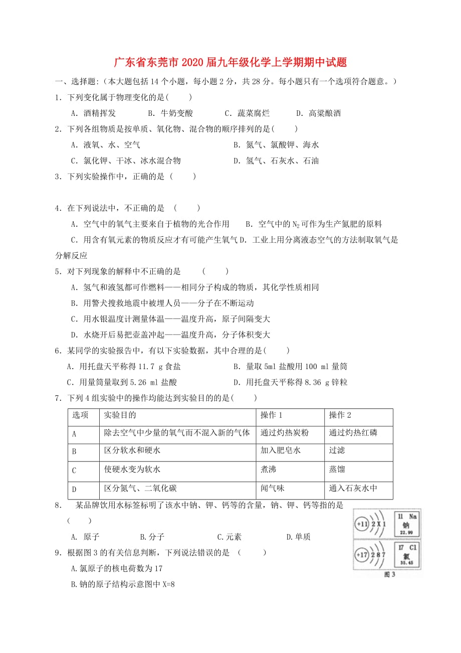 广东省东莞市2020届九年级化学上学期期中试题 新人教版_第1页