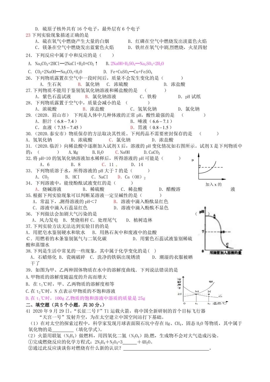 山东省滨州市无棣常家学校2020届九年级化学上学期第二次月考试题（无答案） 新人教版_第2页