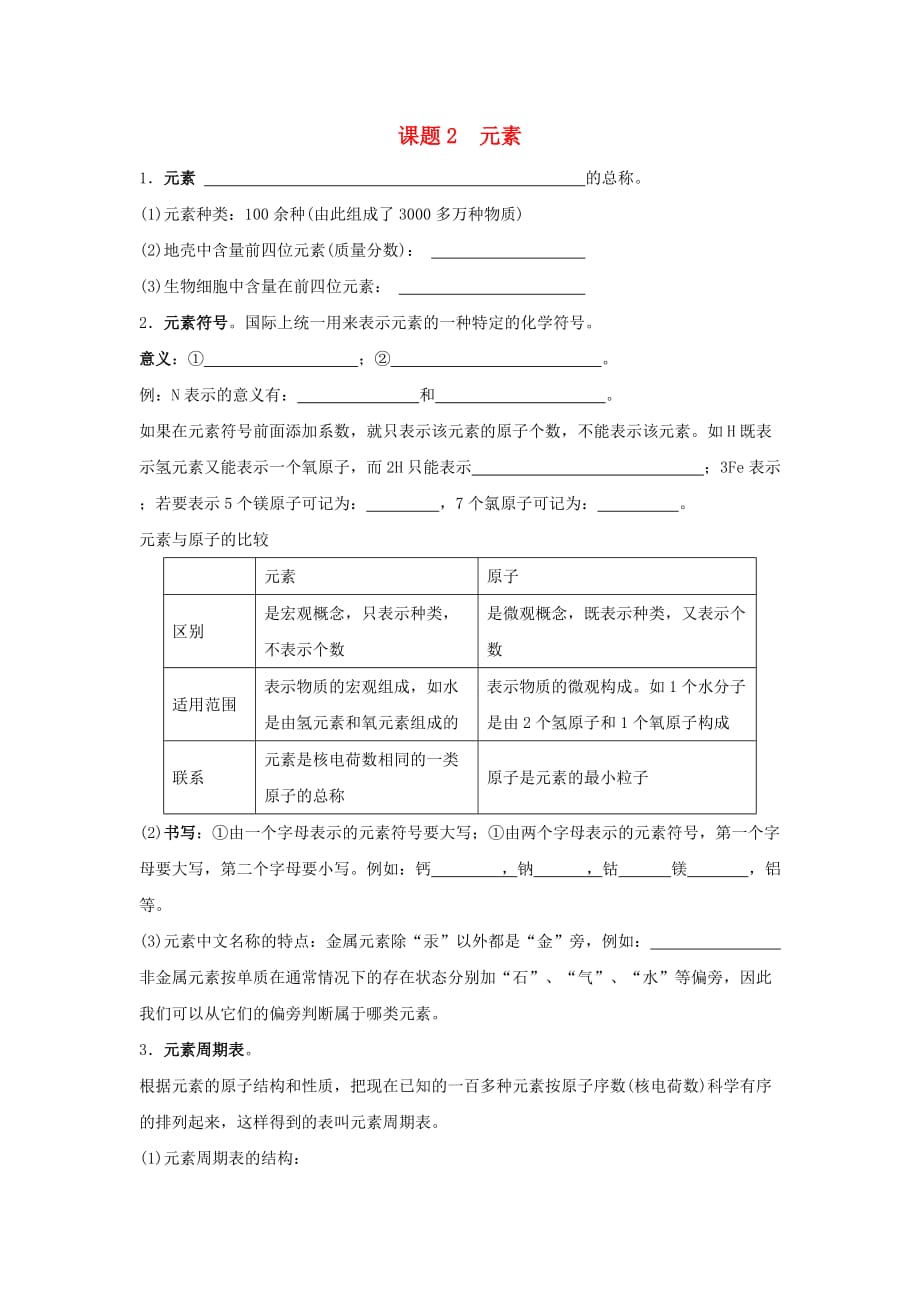 九年级化学 第四单元 课题2 元素同步练习（无答案）人教新课标版_第1页