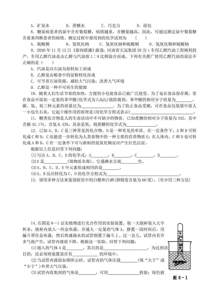 九年级化学 第8章食品中的有机化合物单元测试 沪教版_第5页