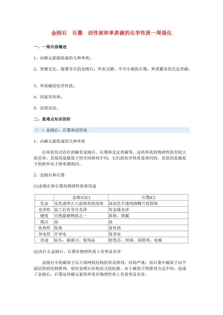 九年级化学金刚石　石墨　活性炭和单质碳的化学性质一周强化_第1页