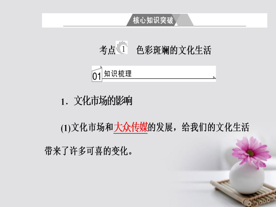 2017-2018学年高考政治一轮复习 文化与生活 专题十二 发展中国特色社会主义文化 考点1 色彩斑斓的文化生活课件_第4页