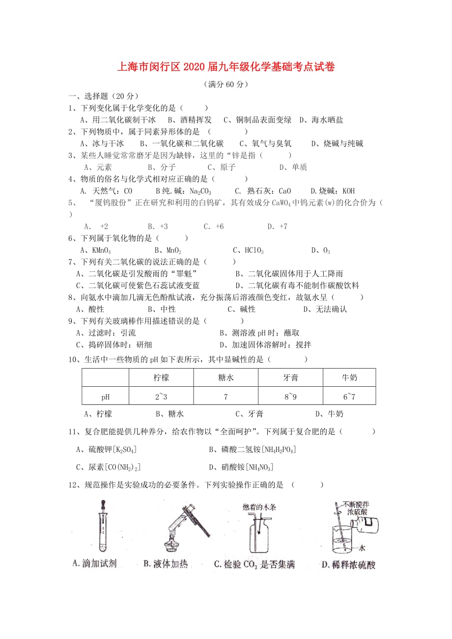 上海市闵行区2020届九年级化学基础考点试卷（无答案）_第1页