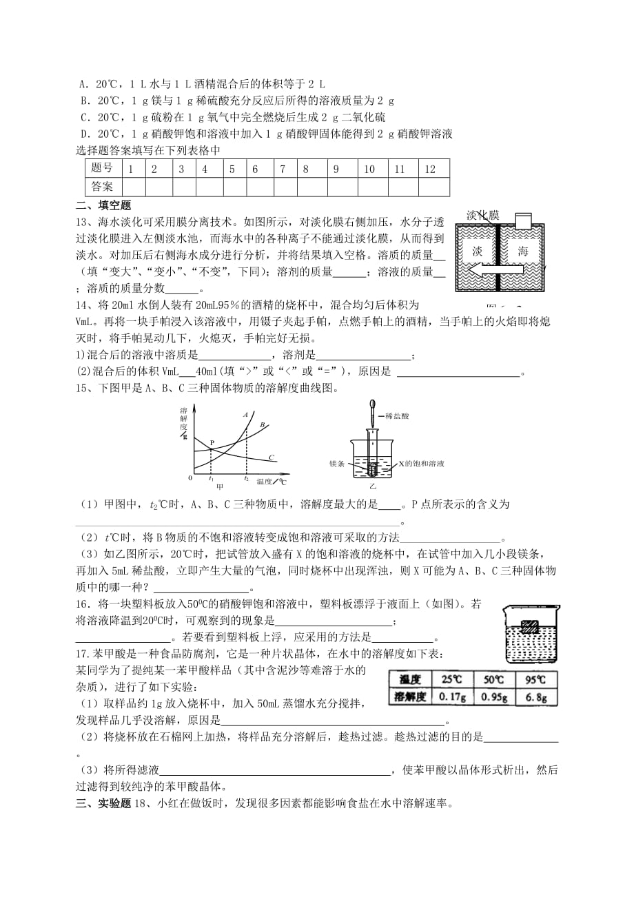 九年级化学下册 第九单元 溶液单元综合测试（无答案） 新人教版_第2页