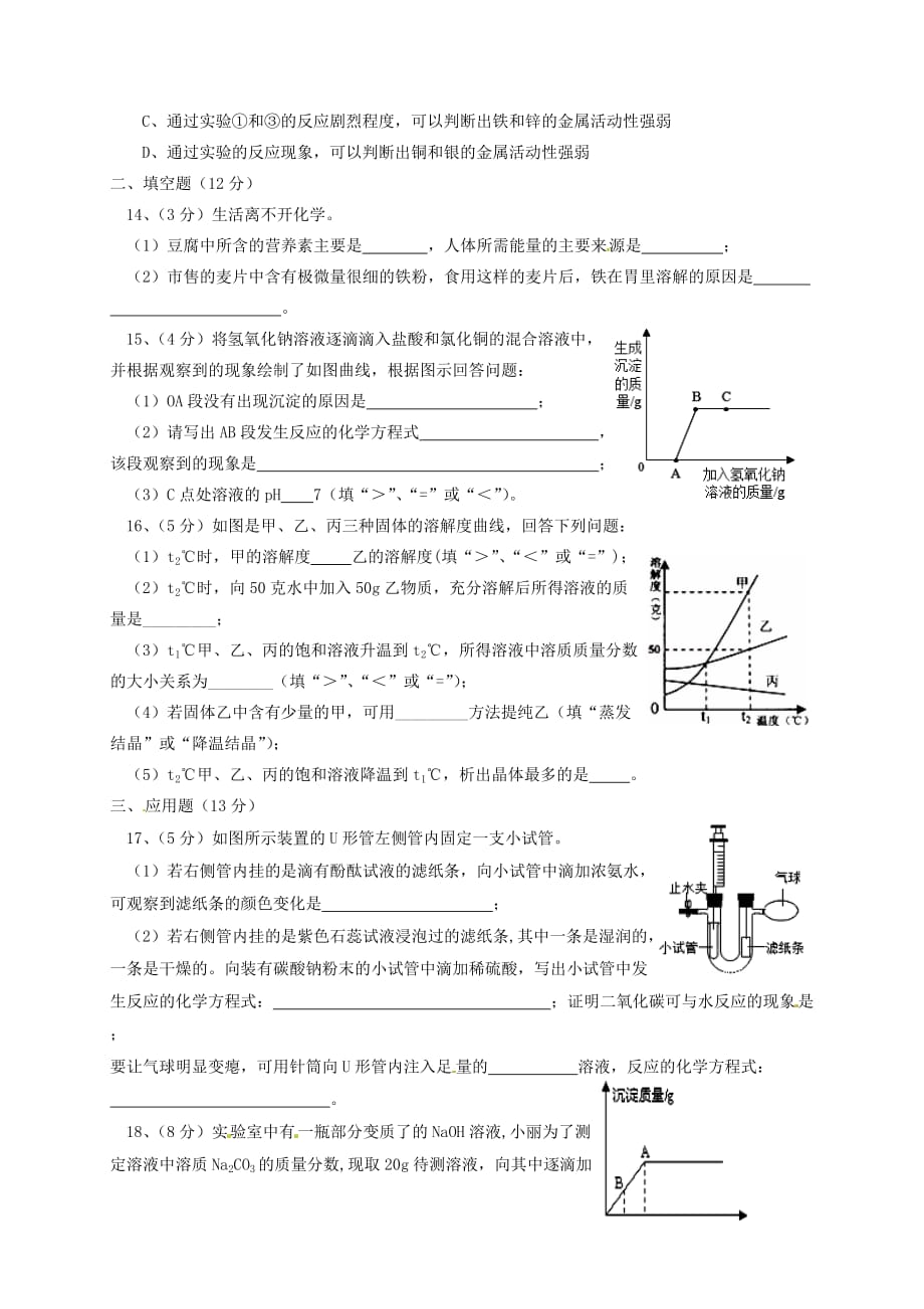 宁夏银川外国语实验学校2020届九年级化学第二次模拟考试试题（无答案）(1)_第3页