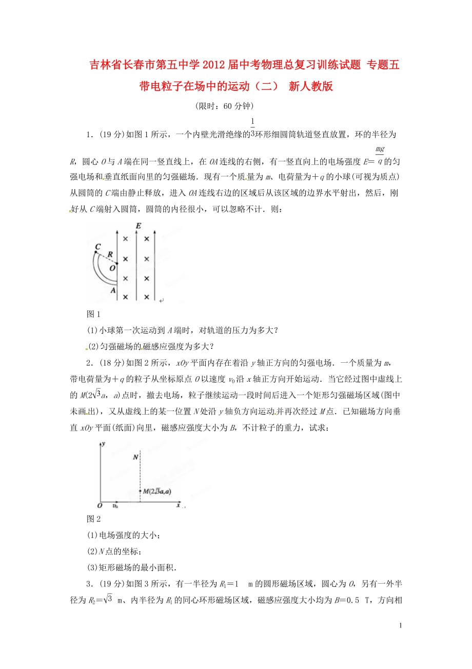 吉林省2012届中考物理总复习训练试题 专题五 带电粒子在场中的运动（二） 新人教版.doc_第1页