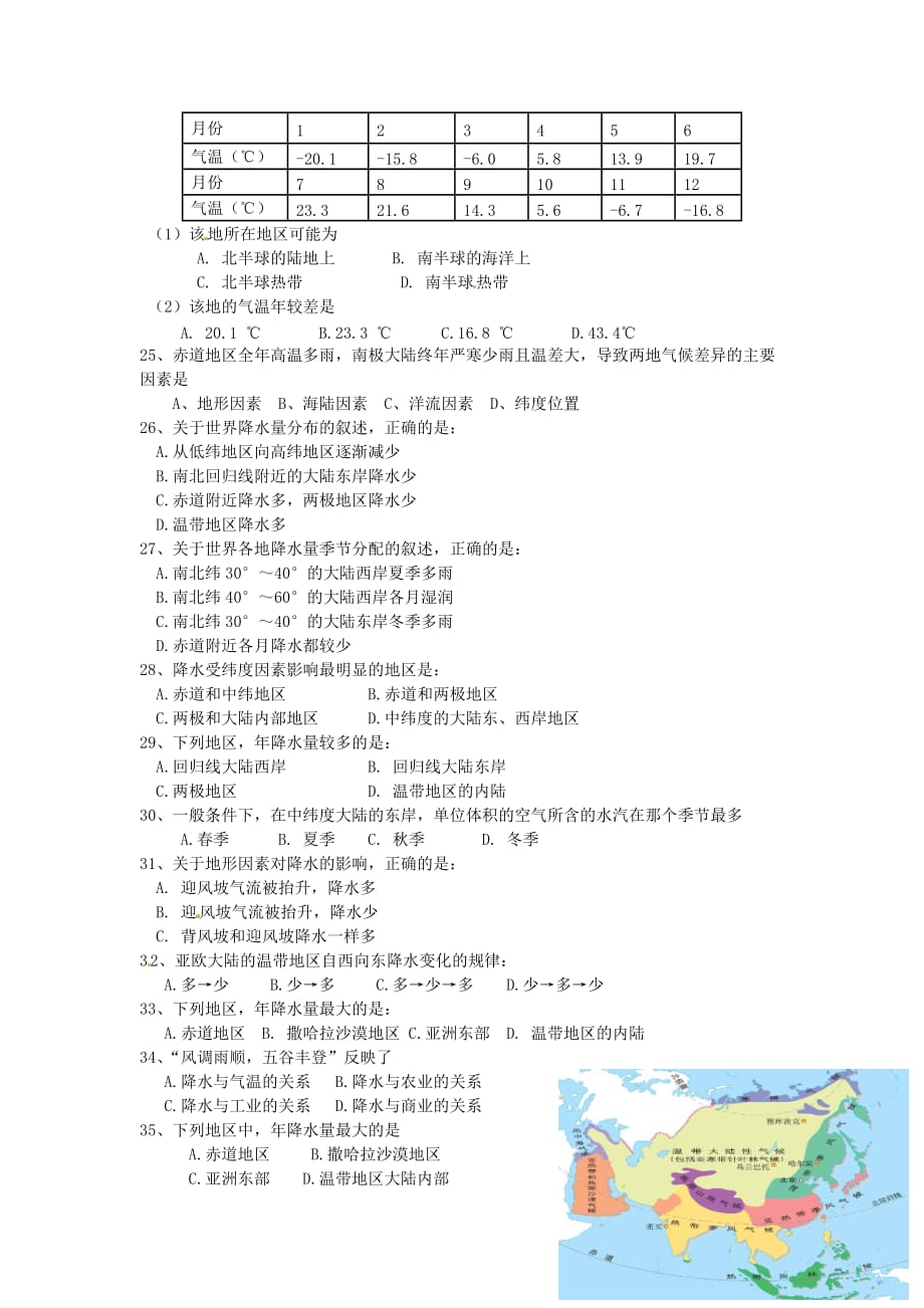 江苏省涟水县第四中学七年级地理上册 第三章综合练习（无答案） 新人教版（通用）_第3页