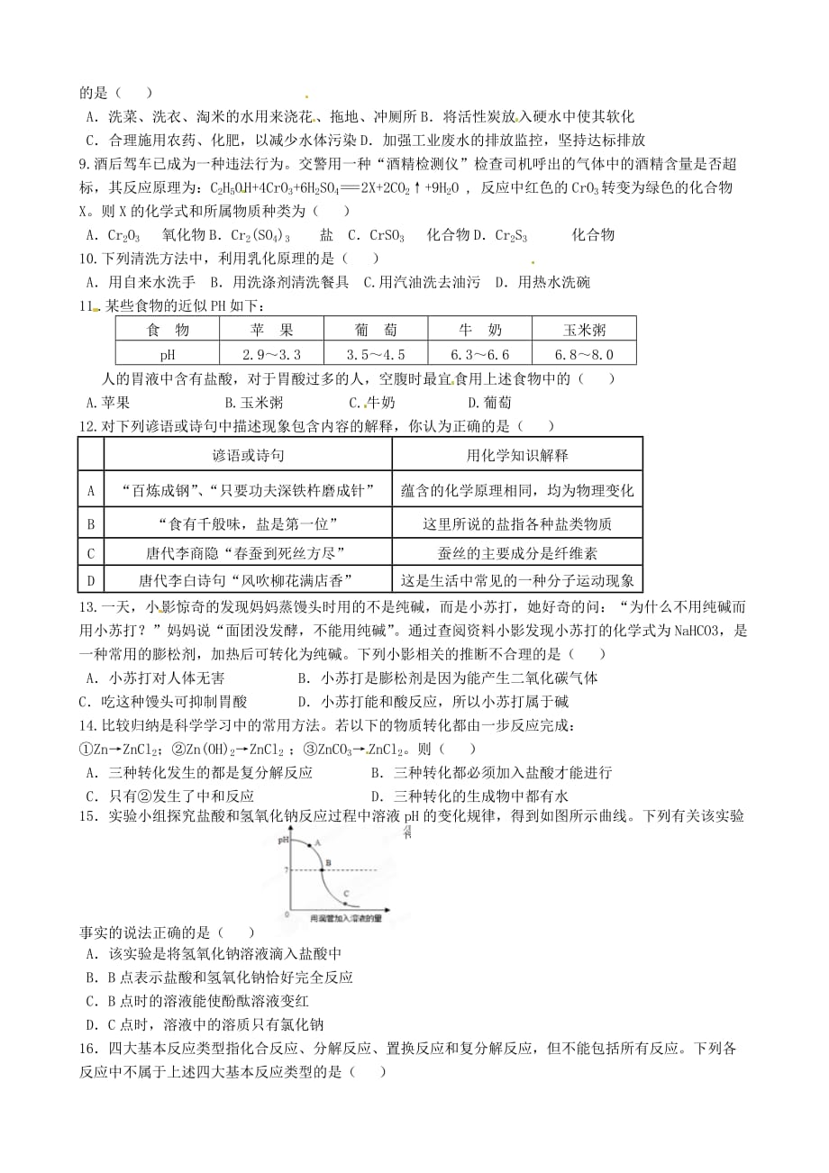 山东省临沂市青云镇中心中学2020年中考化学模拟试题（三）（无答案） 新人教版_第2页