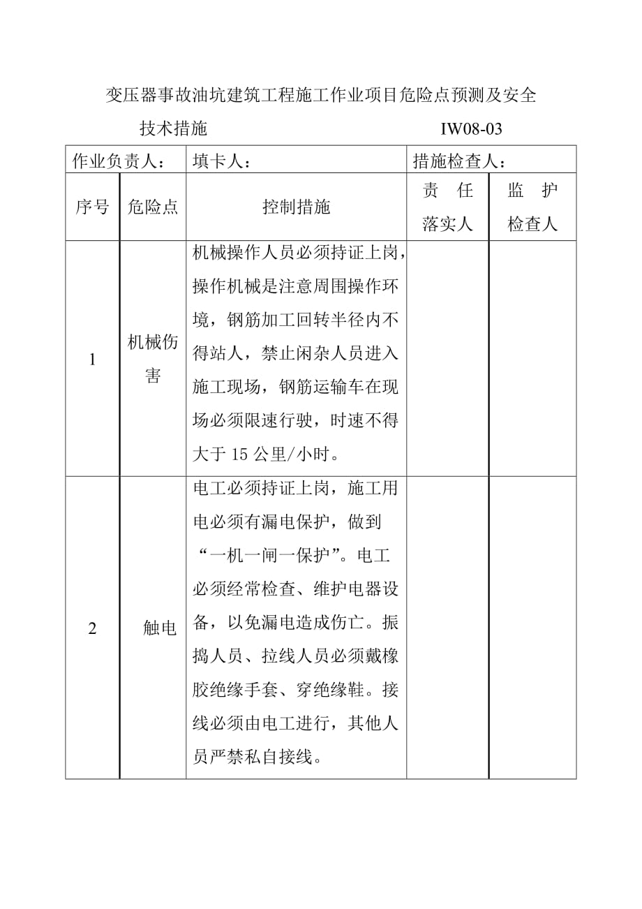 变压器事故油坑建筑工程施工作业项目危险点预测及安全技术措施_第1页