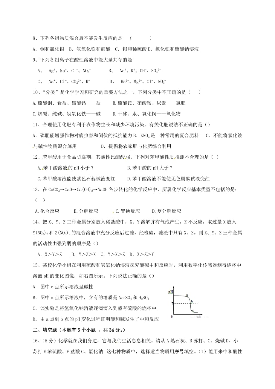 内蒙古巴彦淖尔市五原县2020届九年级化学下学期一模考试试题（无答案）_第2页