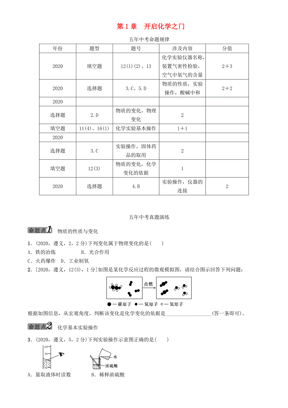 中考命题研究（遵义）2020中考化学 教材知识梳理 第1章 开启化学之门（无答案）_第1页