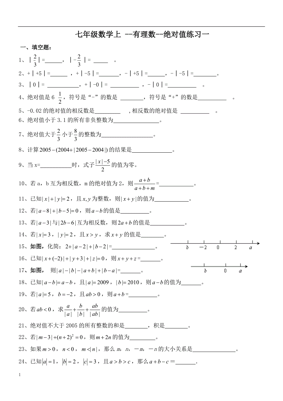 七年级数学上--绝对值练习及提高习题知识课件_第1页