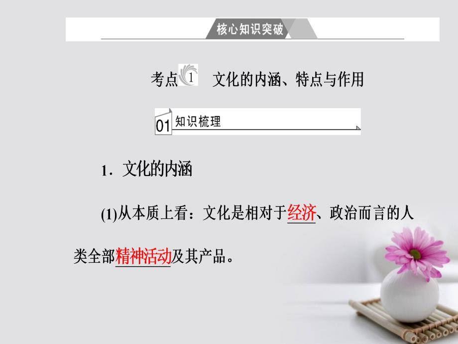 2017-2018学年高考政治一轮复习 文化与生活 专题九 文化与生活 考点1 文化的内涵、特点与作用课件_第4页