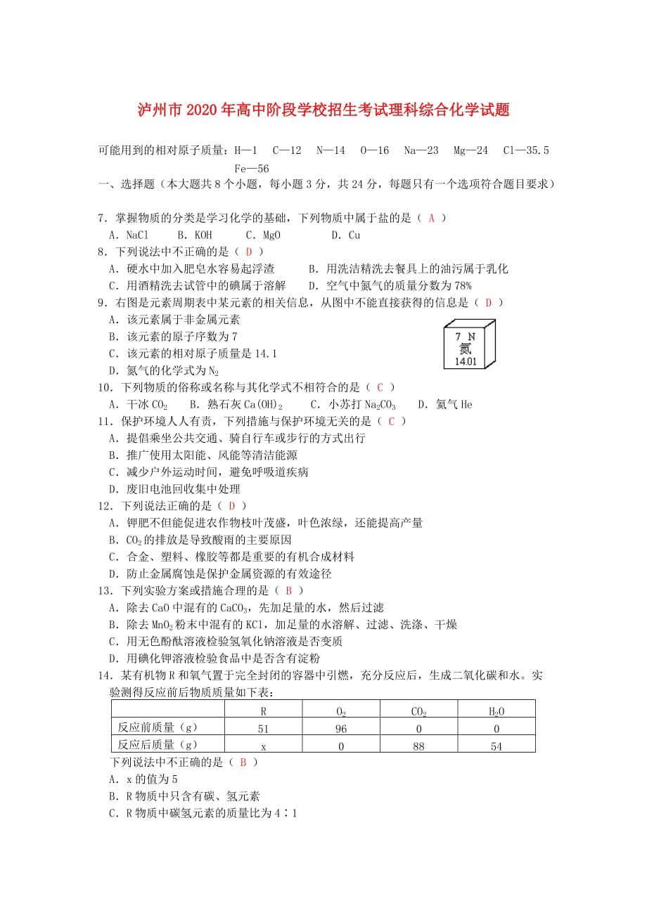 四川省泸州市2020年中考化学真题试题（含答案）_第1页