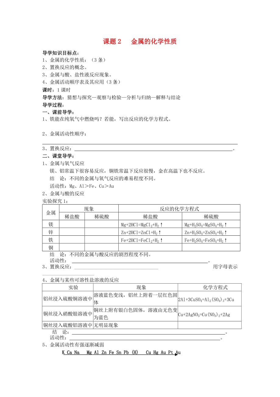 九年级化学下册 8.2 金属的化学性质导学案（无答案） 新人教版_第1页