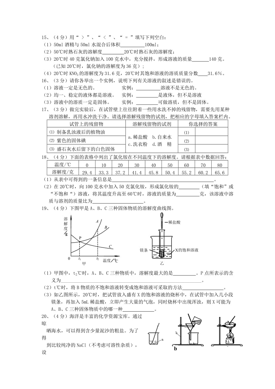 安徽省2020届九年级化学2020秋第九单元 溶液试卷 人教新课标版_第3页