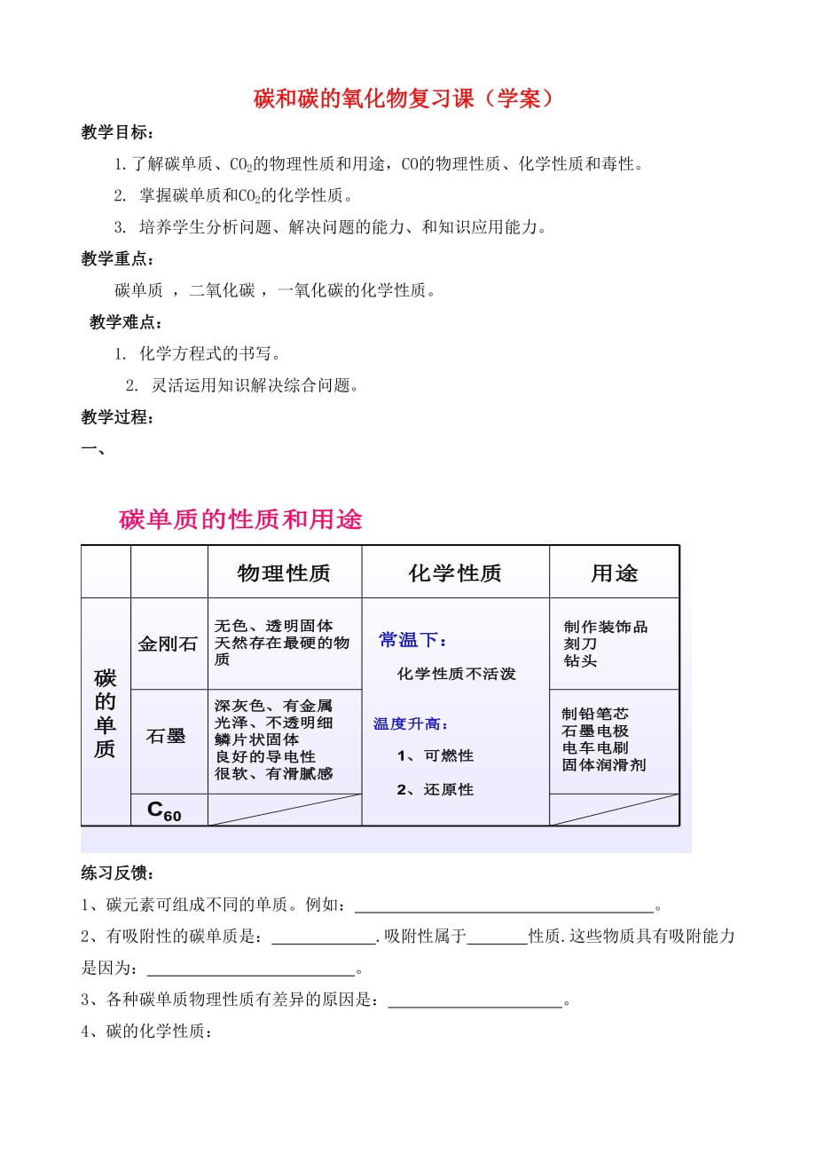 九年级化学 碳和碳的氧化物复习教学案（无答案）人教新课标版_第1页