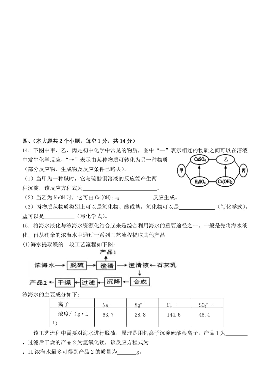 四川省泸州市泸县2020级九年级化学第二次诊断性考试试卷（无答案） 鲁教版_第3页