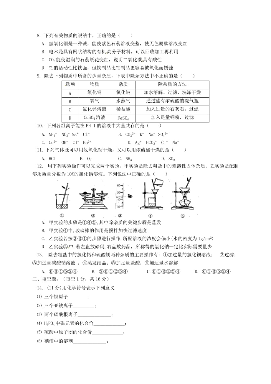 宁夏银川外国语实验学校2020届九年级化学下学期第一次模拟试题（无答案）_第2页