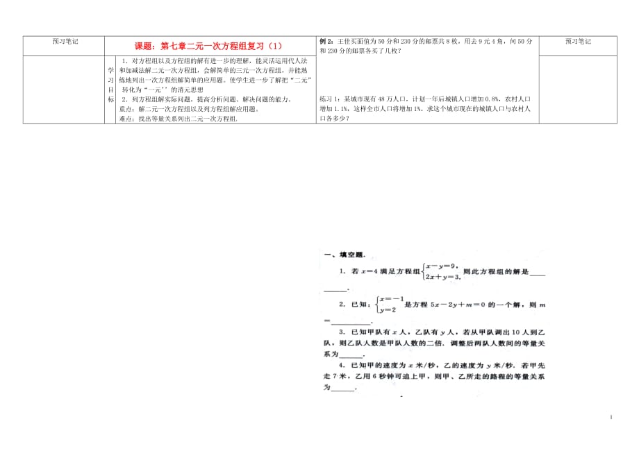 河南省通许县丽星中学七年级数学下册 7.4.1 二元一次方程组复习一导学案（无答案） 华东师大版.doc_第1页