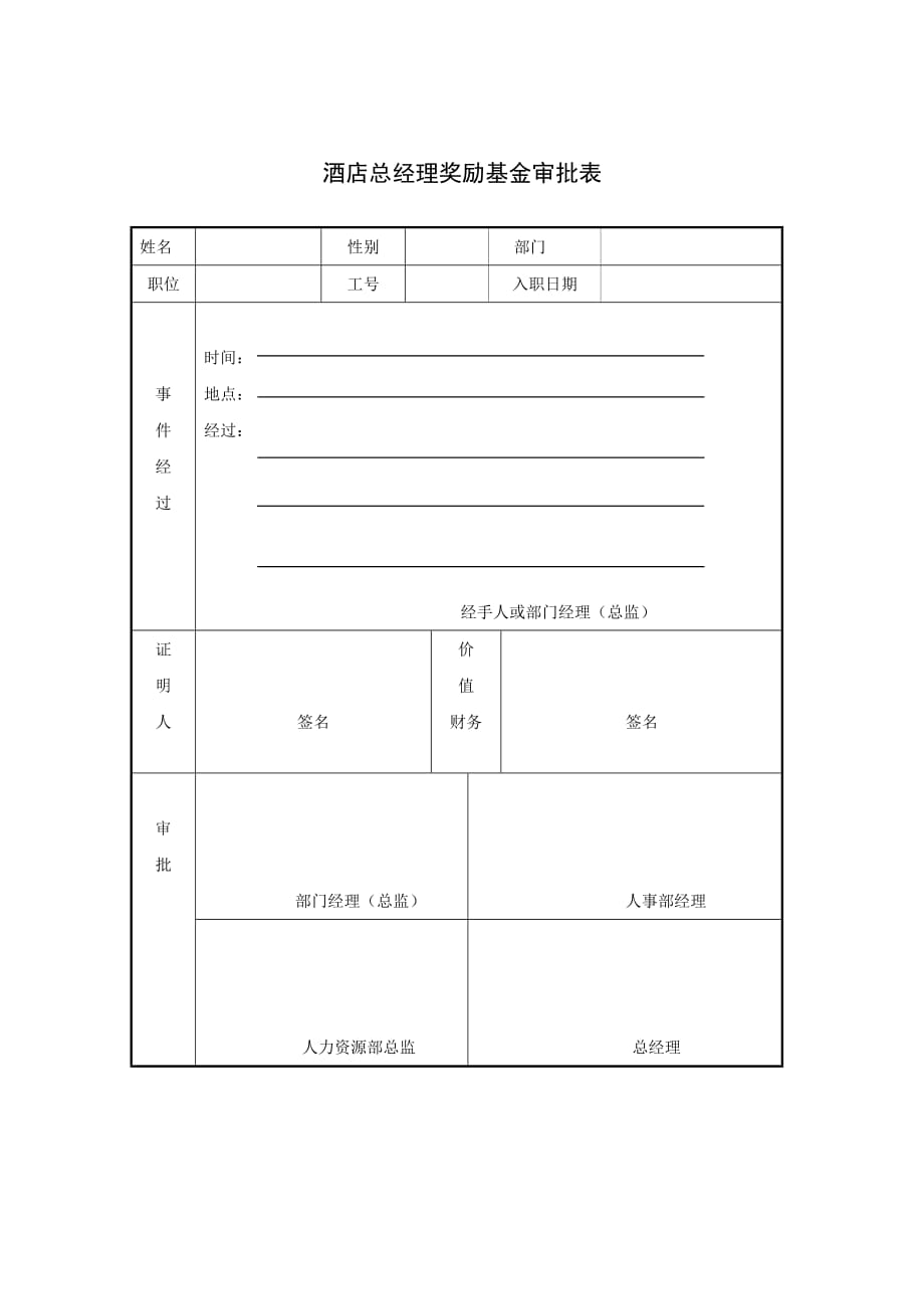 《精编》酒店总经理奖励基金审批表_第1页