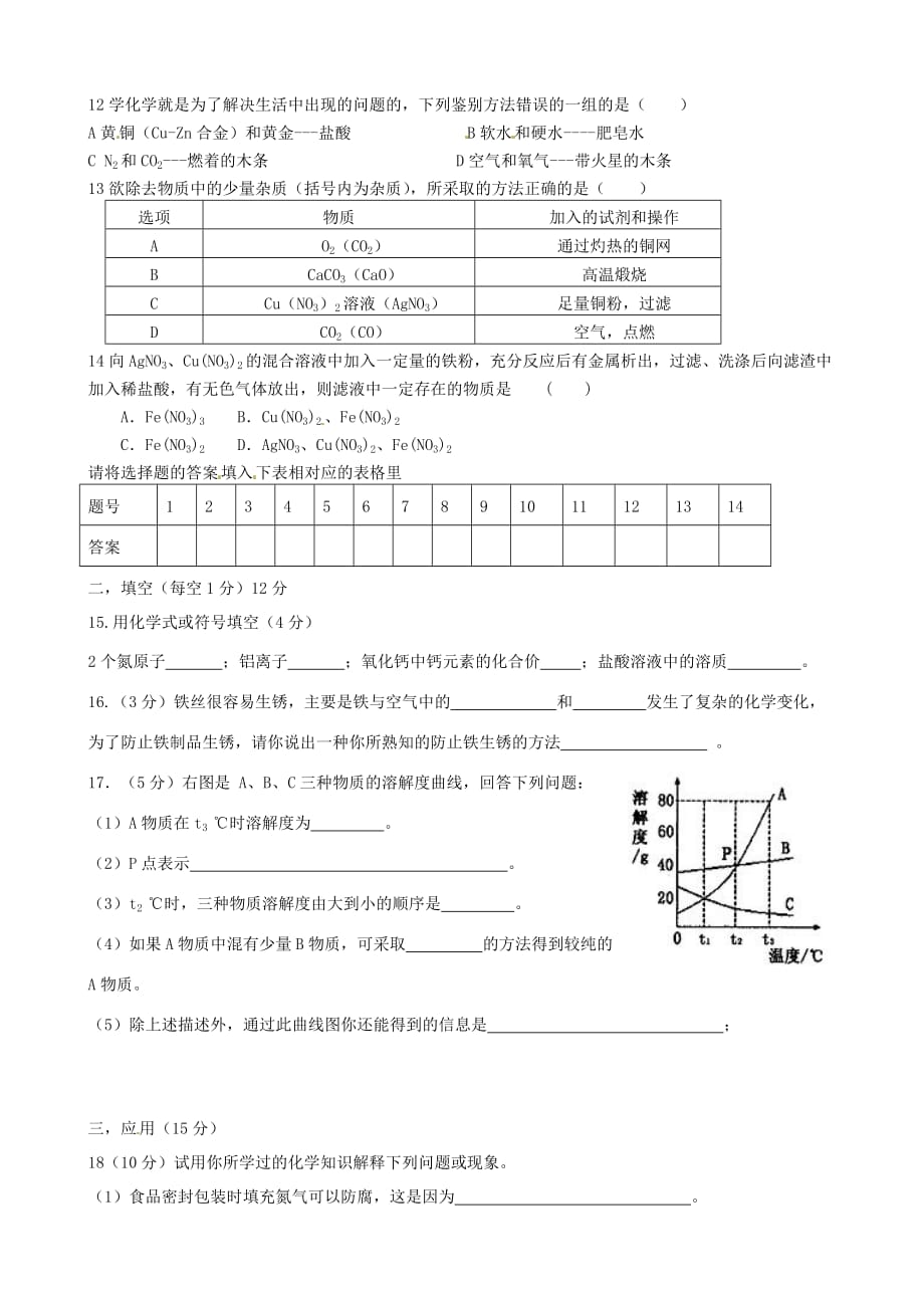 宁夏银川市贺兰县第四中学2020届九年级化学下学期第一次模拟考试试题（无答案）_第2页