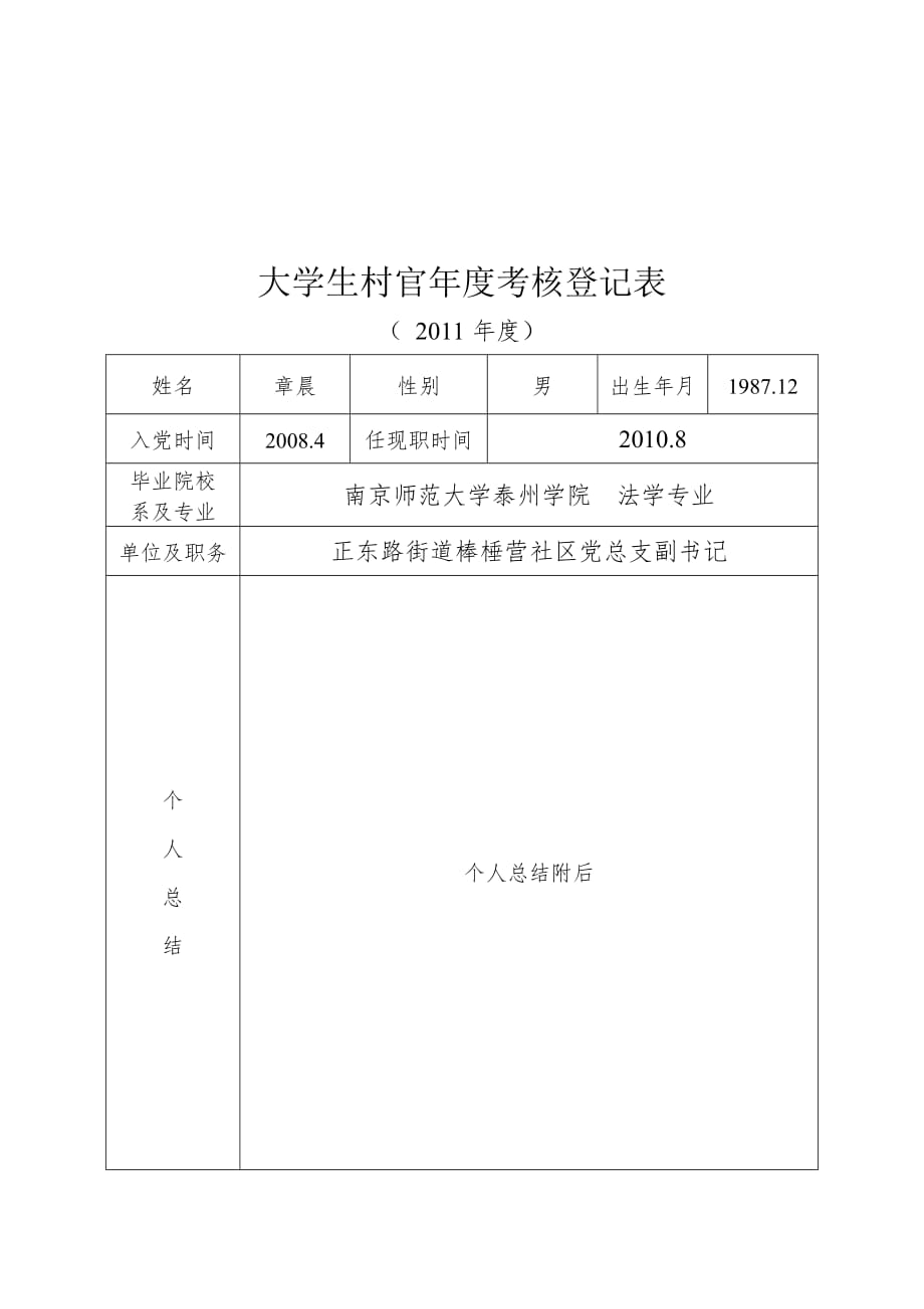 《精编》大学生村官年度考核登记表汇编_第1页