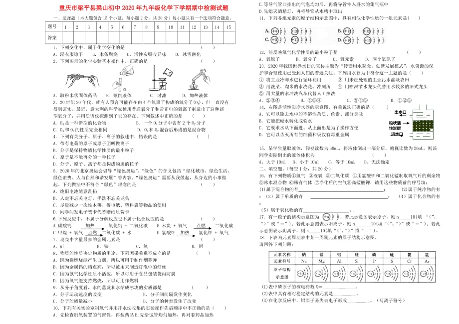 重庆市梁平县梁山初中2020年九年级化学下学期期中检测试题（无答案）_第1页