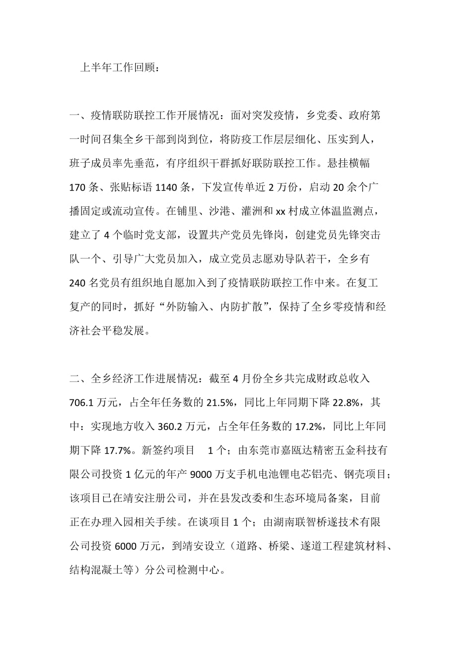 乡镇2020年上半年总结及下半年工作打算_第1页