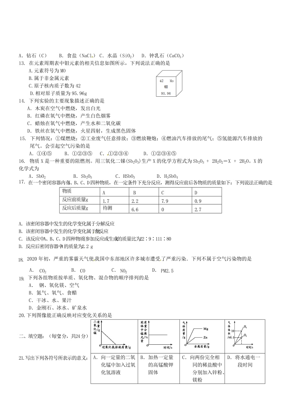 湖北省2020届九年级化学上学期第一次月考试题（无答案）_第2页