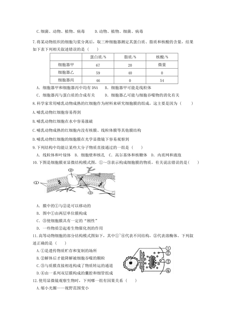 浙江省慈溪市六校2019-2020学年高一生物上学期期中联考试题[含答案].doc_第2页