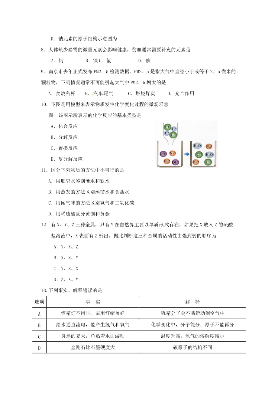 江苏省南京市第三初级中学2020届九年级化学下学期结束课程质量监测试题（无答案）_第2页