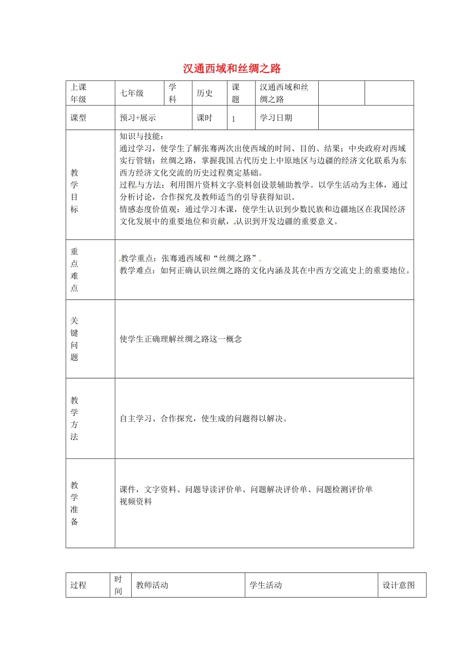 内蒙古通辽市科左中旗宝龙山中学七年级历史上册 第15课 汉通西域和丝绸之路教学案（无答案） 新人教版_第1页