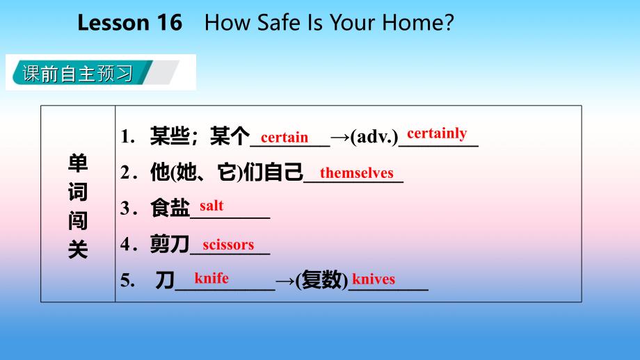 2018年秋九年级英语上册 Unit 3 Safety Lesson 16 How Safe Is Your Home导学课件 （新版）冀教版_第3页