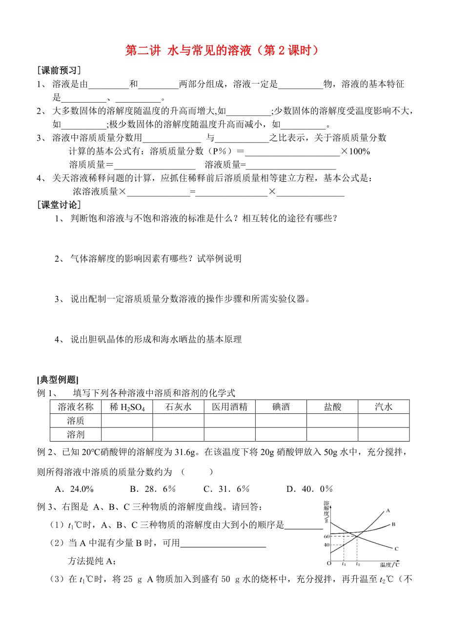 中考化学 第二讲 水与常见的溶液（第2课时）练习 人教新课标版（通用）_第1页