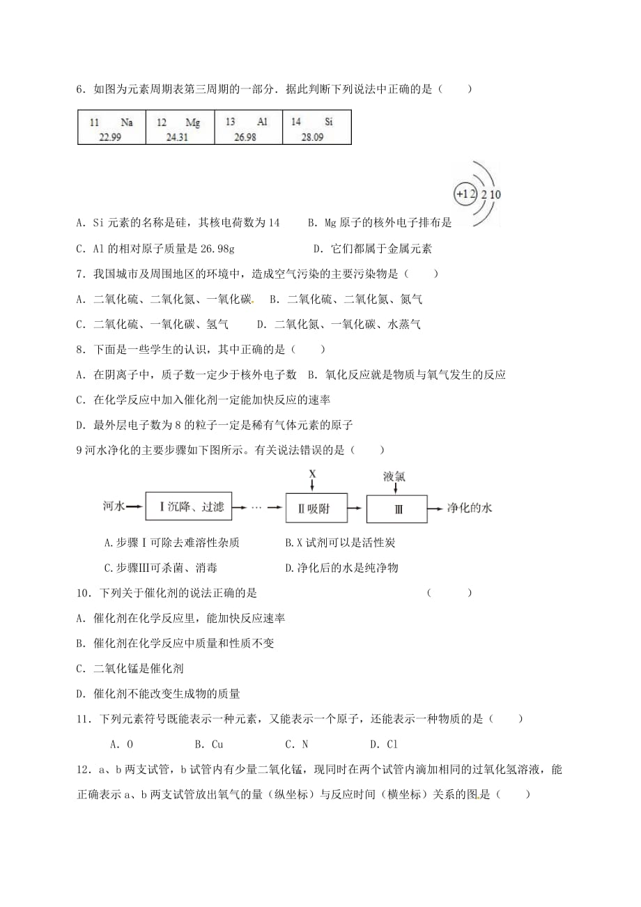 江苏省赣榆县2020届九年级化学上学期第一次月考试题（无答案） 沪教版_第2页