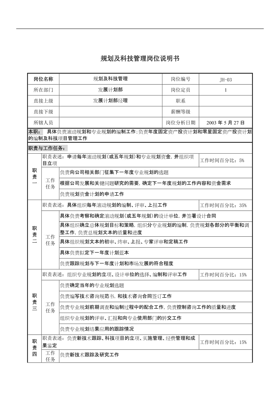 通信行业-发展计划部-规划及科技管理岗位说明书.doc_第1页